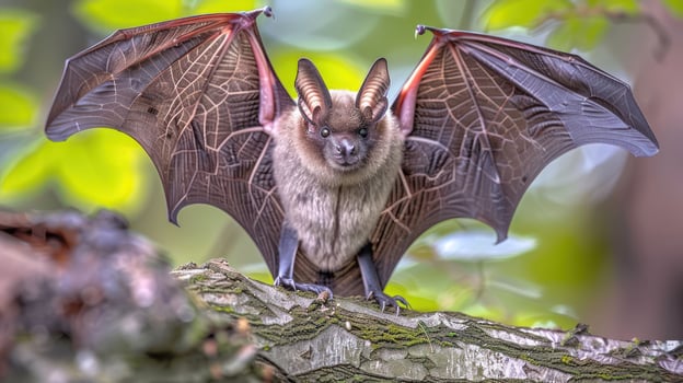 A close-up of a bat with outstretched wings perched on a tree branch in a lush forest photo