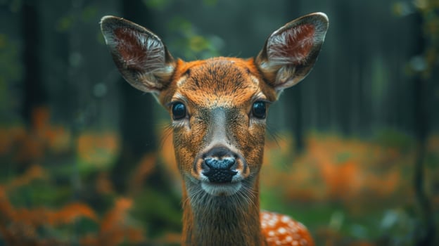 Close-up of a curious deer in a serene forest setting with vibrant foliage and soft light photo