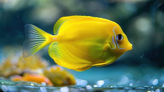 Vibrant yellow fish swimming gracefully in a coral reef, surrounded by colorful marine life photo