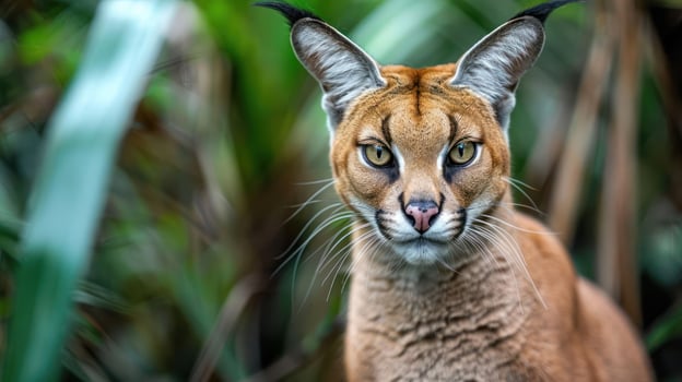 Majestic caracal gazing intently amidst lush green foliage in a serene natural habitat photo