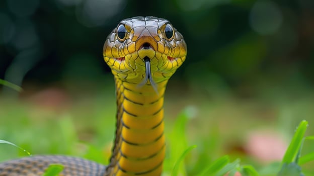 Close-up of a vibrant snake with intricate patterns, poised in lush green grass, showcasing nature's beauty photo