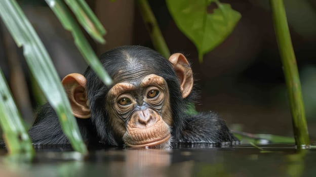 Young chimpanzee partially submerged in water, surrounded by lush green foliage in a tropical setting photo