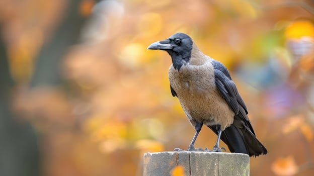 A crow perched on a post amidst vibrant autumn foliage, showcasing nature's beauty photo