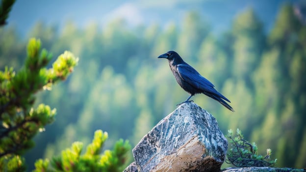 A solitary raven perched on a rocky outcrop with a blurred forest background at dawn photo