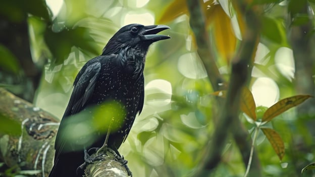 Black bird perched on a branch in a lush green forest, singing amidst vibrant foliage photo