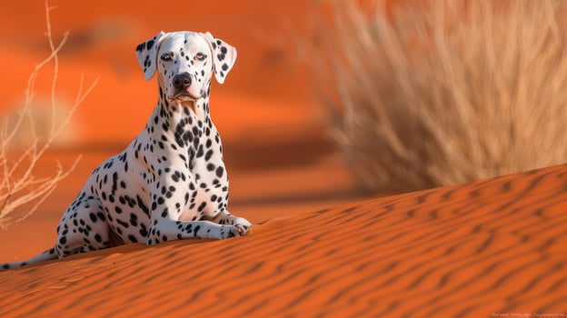 Dalmatian dog resting on vibrant orange sand dunes with sparse vegetation in the background photo