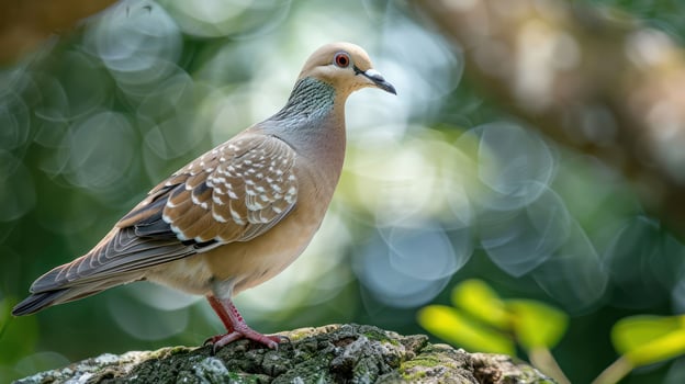 A close-up of a beautifully patterned bird perched on a mossy log, surrounded by vibrant greenery photo