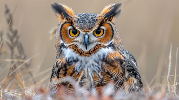 Majestic owl perched in tall grass during golden hour, showcasing intricate feathers and alert gaze photo