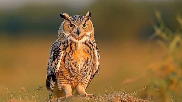 Majestic owl perched on a grassy mound at sunset, showcasing vibrant feathers and keen gaze photo
