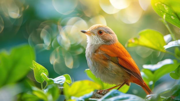 Vibrant bird perched among lush green leaves with a softly blurred background of sunlight photo