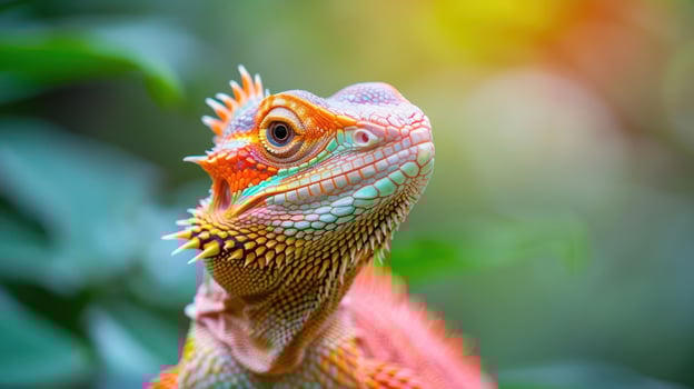 Colorful lizard perched amidst lush green foliage in a vibrant natural habitat photo