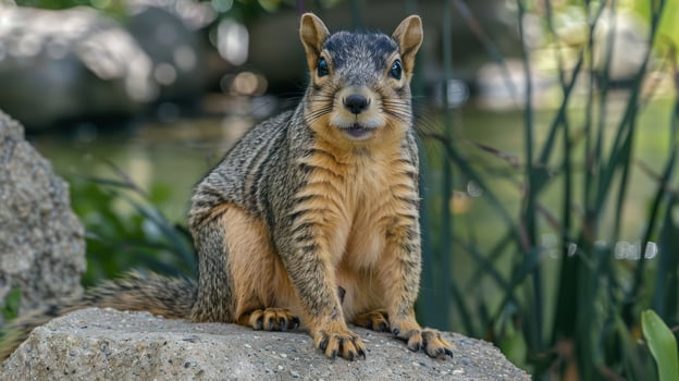 A curious squirrel perched on a rock near a serene pond surrounded by lush greenery photo