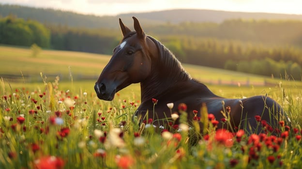 Majestic horse resting in a vibrant flower-filled meadow during sunset in a serene landscape photo