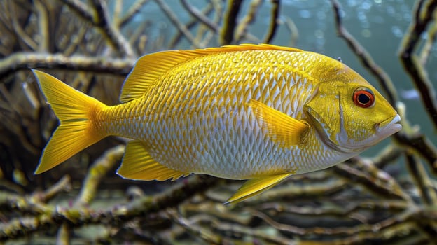 Vibrant yellow fish swimming gracefully among tangled underwater roots in a serene aquatic environment photo