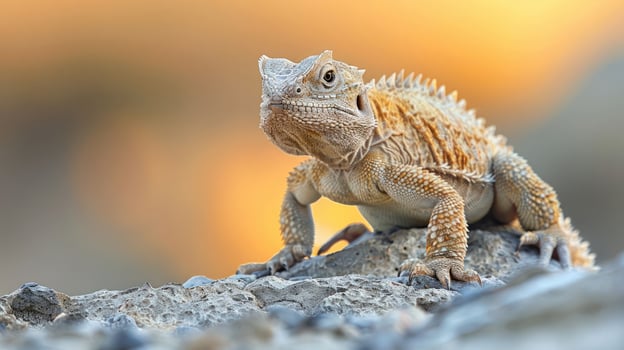 Close-up of a bearded dragon perched on a rock against a vibrant sunset background photo