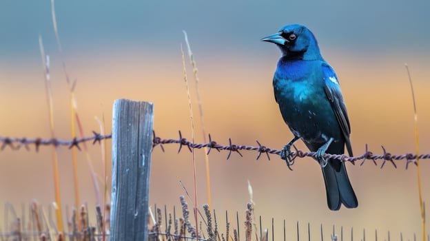 A vibrant bird perched on a barbed wire fence against a blurred golden landscape background photo