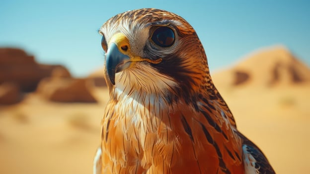 Close-up of a majestic hawk in a desert landscape with soft dunes and clear blue sky photo