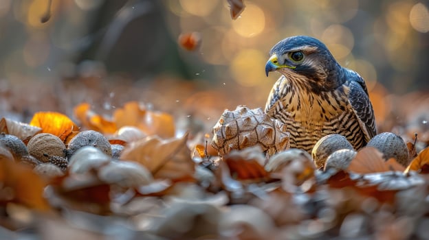 A falcon perched among fallen leaves and nuts, showcasing nature's beauty in autumn photo