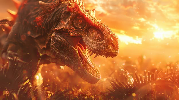 Majestic dinosaur roaring at sunset in a vibrant prehistoric landscape filled with flora photo