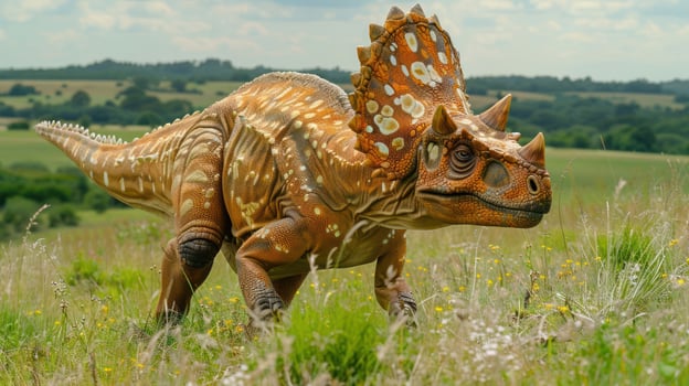 A lifelike dinosaur model roaming through a vibrant meadow under a sunny sky photo