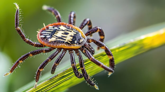 Close-up of a tick perched on a green blade of grass in a natural outdoor setting photo