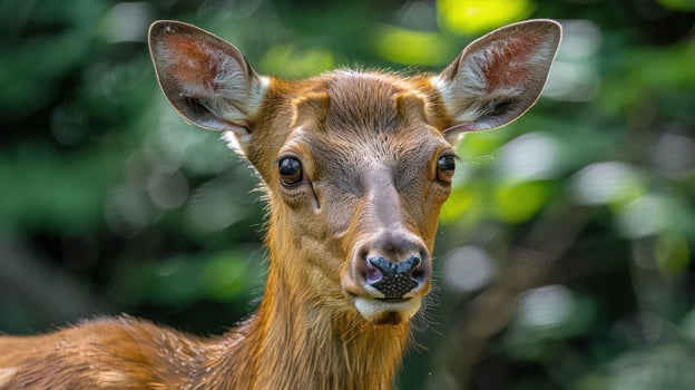 Close-up of a young deer with vibrant green foliage in the background, showcasing nature's beauty photo