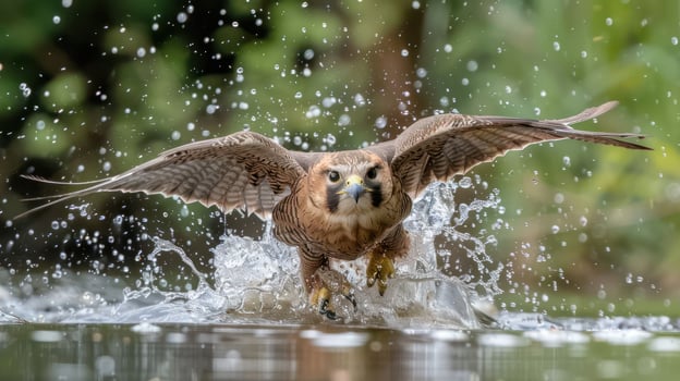 Majestic falcon diving into water, creating splashes, surrounded by lush greenery and nature photo