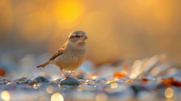 A small sparrow standing on a pebble by a shimmering river at sunset, surrounded by autumn leaves photo
