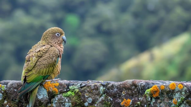 A solitary parrot perched on a moss-covered stone wall, surrounded by a lush green landscape photo