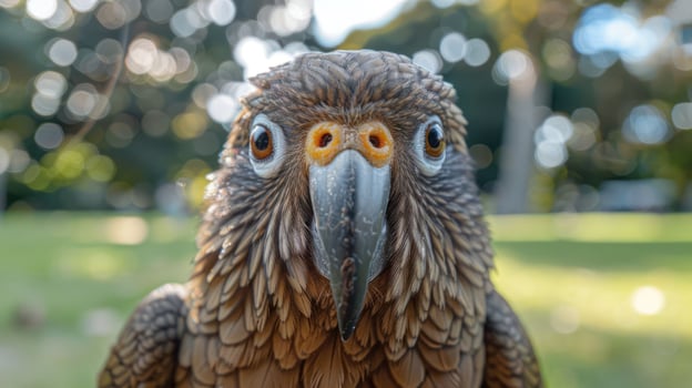Close-up of a vibrant parrot with detailed feathers, set against a blurred natural background photo