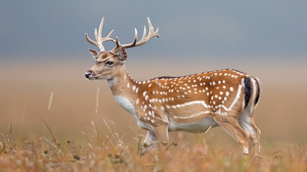 Majestic deer with antlers gracefully walking through a golden meadow under a serene sky photo