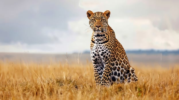 Majestic leopard sitting gracefully in golden grassland under a dramatic sky, showcasing its beauty photo