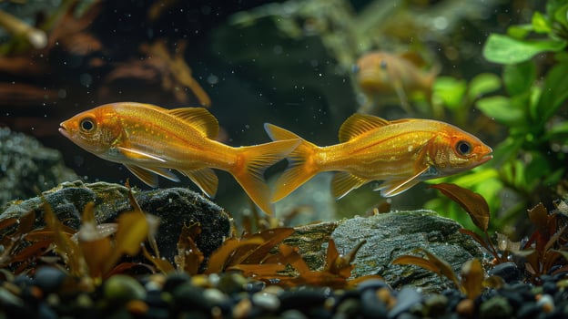Two vibrant goldfish swimming gracefully among lush aquatic plants in a serene aquarium setting photo