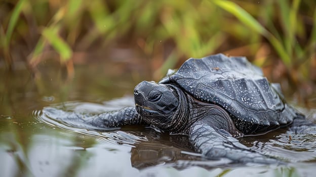 A serene black turtle swimming gracefully in a tranquil pond surrounded by lush green vegetation photo