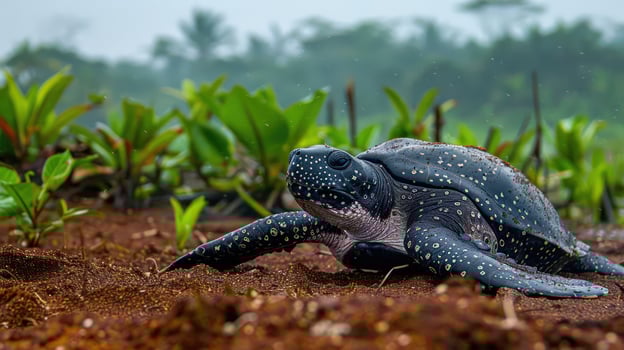 A sea turtle crawling on a sandy beach surrounded by lush greenery in a rainy environment photo