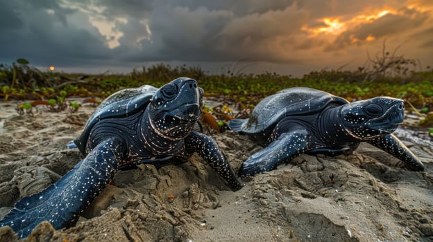 Two sea turtles crawling on sandy beach at sunset, with dramatic clouds and ocean in background photo