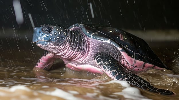A close-up of a turtle emerging from the ocean, rain falling, with a blurred sandy beach background photo