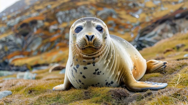Close-up of a seal resting on a grassy shore with rocky hills in the background, showcasing nature photo