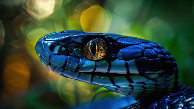 Close-up of a vibrant snake with striking scales and an intense gaze amidst a blurred natural background photo