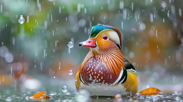 Vibrant mandarin duck splashes in rain-soaked pond surrounded by colorful foliage photo