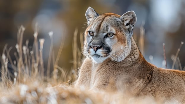Majestic cougar resting in golden grass, surrounded by a blurred forest backdrop, showcasing wildlife photo