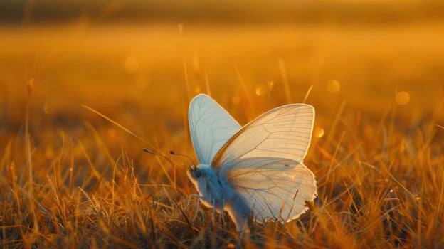Delicate white butterfly perched on golden grass during sunset, with a warm glow in the background photo