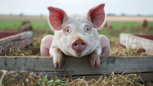 Cute piglet resting on a wooden fence in a lush green farm setting with hay scattered around photo