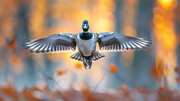 Majestic duck in mid-flight over a tranquil autumn landscape with vibrant foliage in background photo