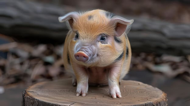 Adorable small piglet standing on a wooden stump amidst autumn leaves in a serene environment photo