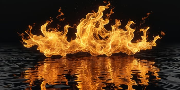 Flames dancing above a reflective surface creating an intense visual display of light and heat. photo