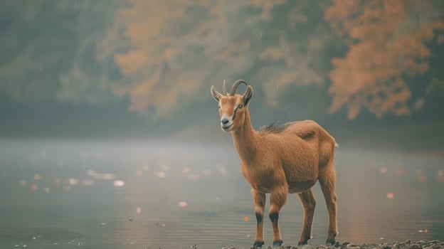 Majestic goat standing by a misty riverbank, surrounded by autumn foliage and tranquil waters photo
