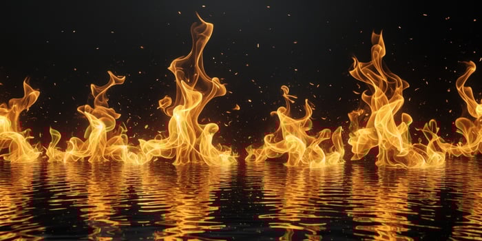 Flames dancing above a reflective surface creating an intense visual display of light and heat photo