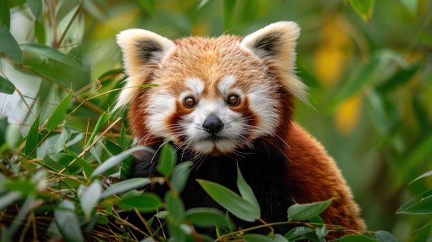 Red panda peeking through lush green foliage in a vibrant forest setting, showcasing wildlife photo