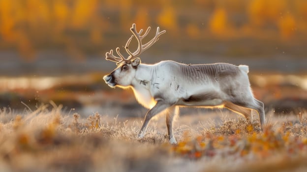 Majestic reindeer walking through a golden autumn landscape with vibrant foliage and serene background photo
